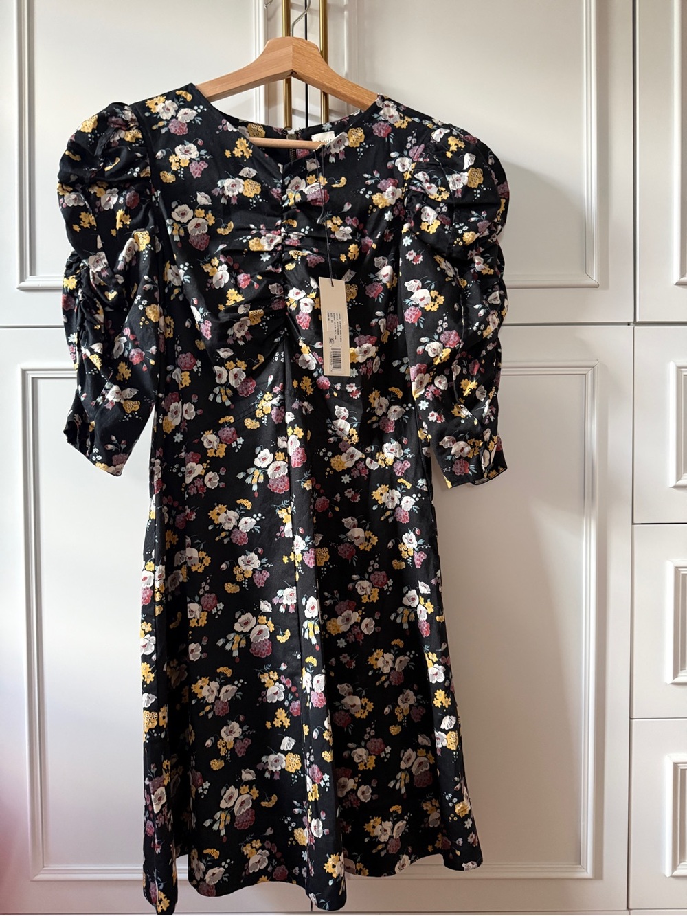 Black Floral Puff-Sleeve Midi Dress